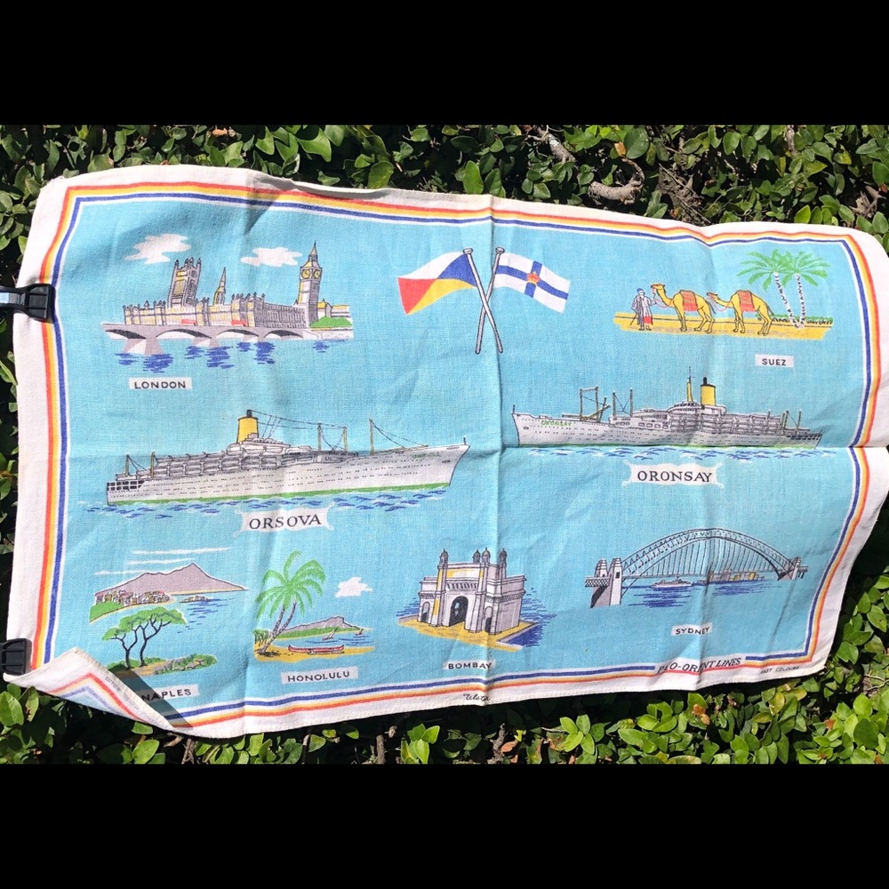 Vintage ULSTER Pacific Orient Ship Boat Ocean Liner Travel 60s Irish Linen Towel